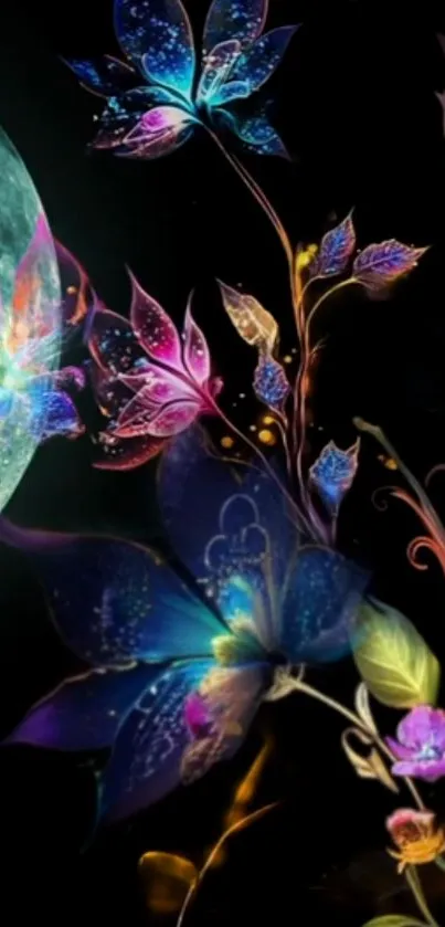 Colorful, moonlit floral illustration with vibrant flowers.