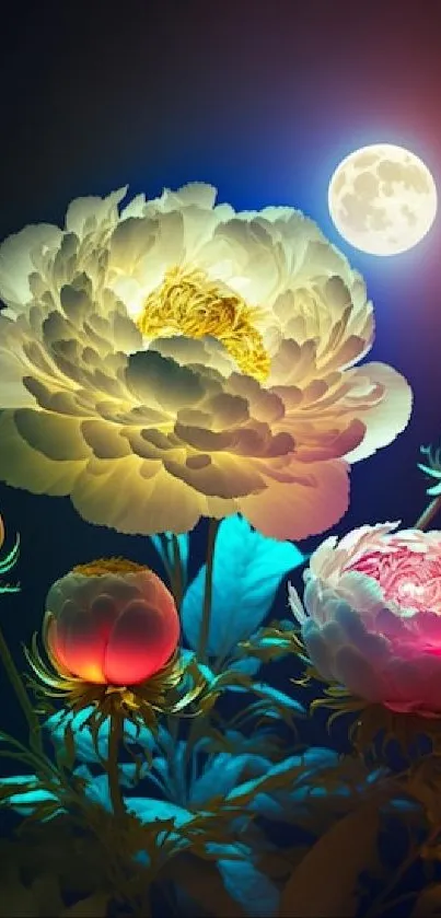 Vibrant flowers illuminated by the moon in a colorful night scene wallpaper.