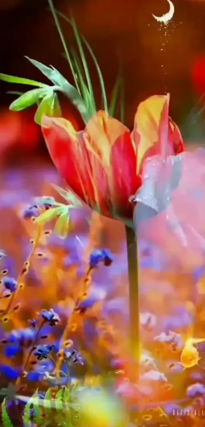 Vibrant tulip amidst wildflowers under a crescent moon.