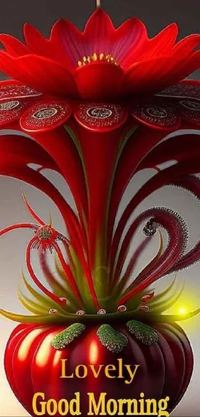 Vibrant red flower with Good Morning text on wallpaper.