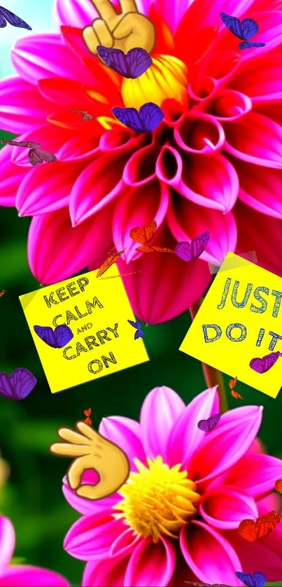 Vibrant floral wallpaper with motivational quotes and butterflies.