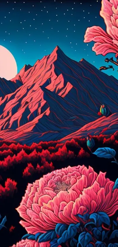 Vibrant floral and mountain scenery with night sky wallpaper.