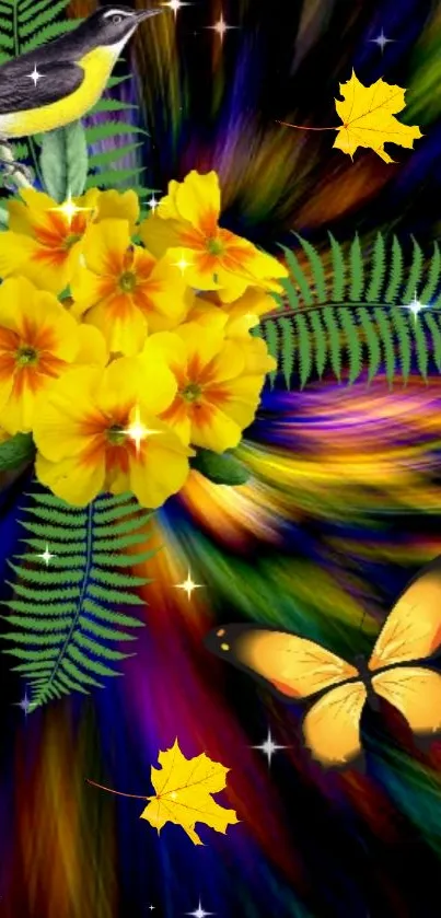 Vibrant wallpaper with yellow flowers, butterfly, and multicolored background.