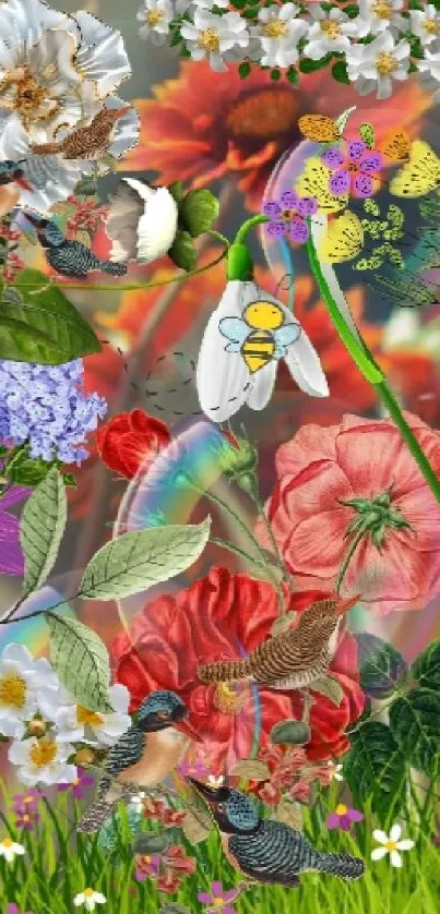 Colorful floral wallpaper featuring birds, bees, and butterflies.