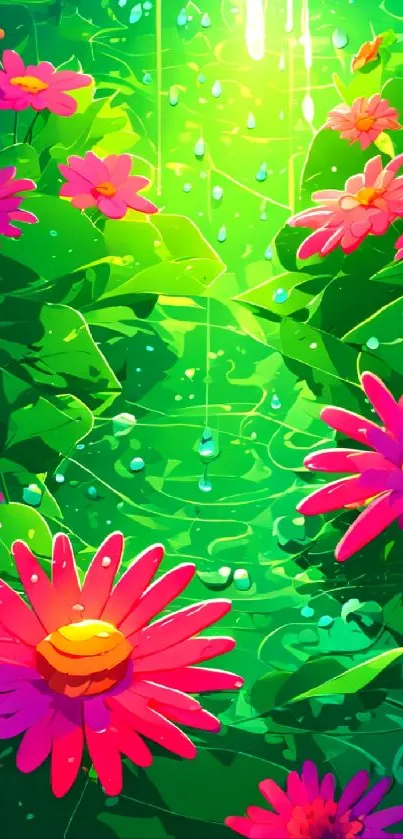 Pink flowers and green leaves mobile wallpaper.