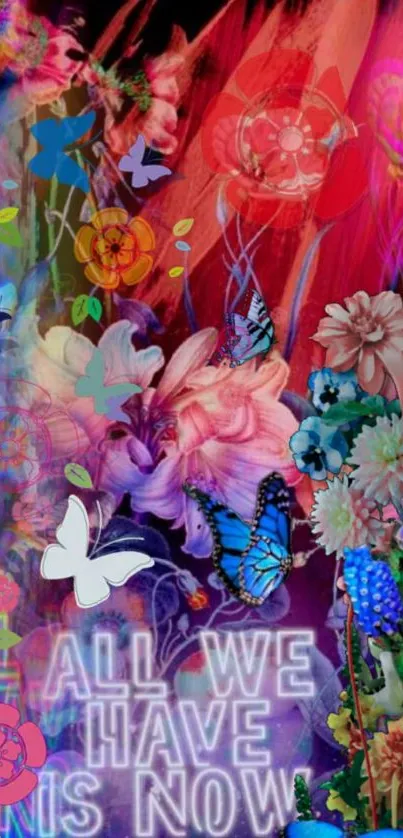 Vibrant neon floral wallpaper with butterflies and colorful flowers.