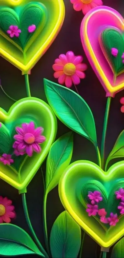 Mobile wallpaper with neon hearts and flowers in vibrant colors.