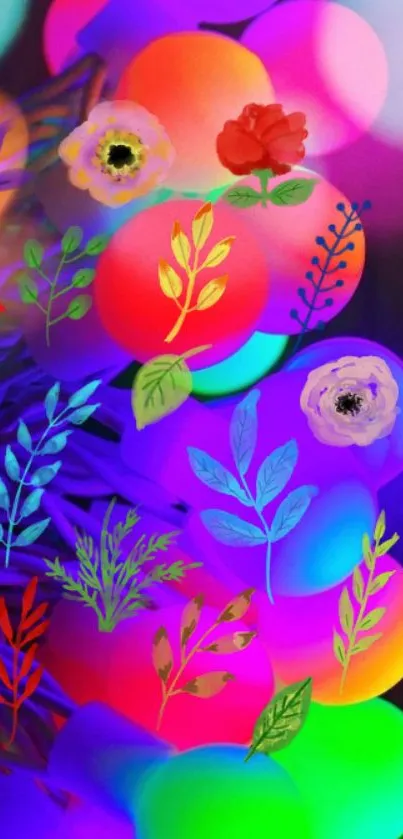 Colorful neon floral wallpaper with abstract leaves.