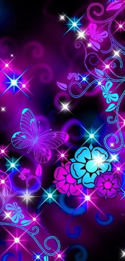 Vibrant neon floral wallpaper with butterflies.