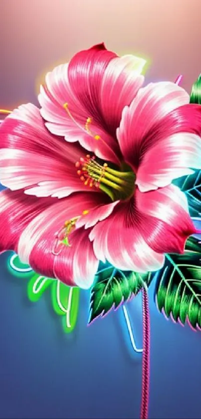 Neon hibiscus flower with colorful leaves against a dark background.