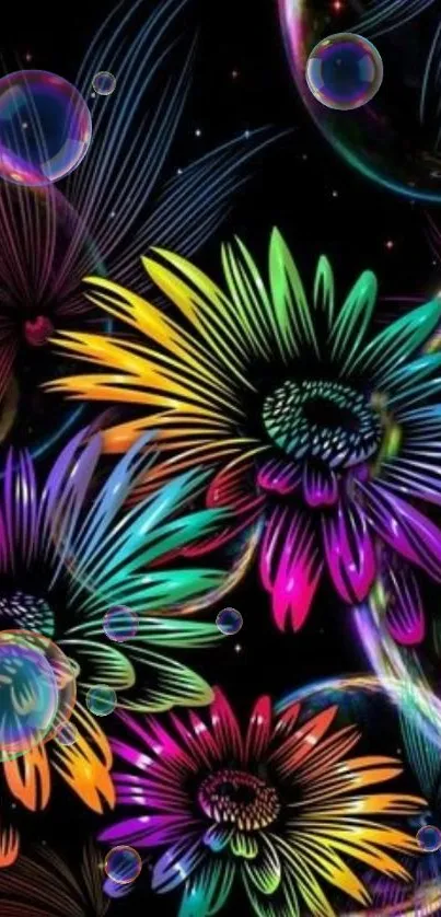 Vibrant neon flowers against a black background.