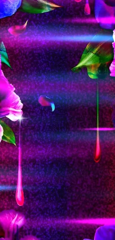 Vibrant neon floral wallpaper with dripping paint and bright colors.