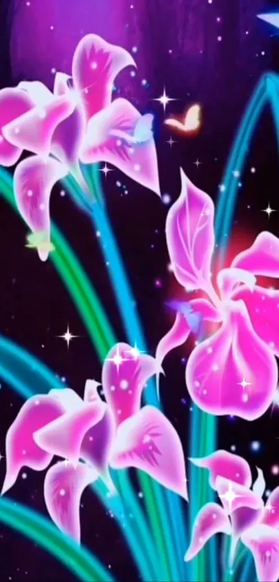 Vibrant neon flowers and glowing butterflies on a purple background.