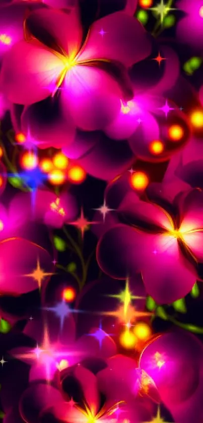 Neon pink floral wallpaper with glowing flowers.