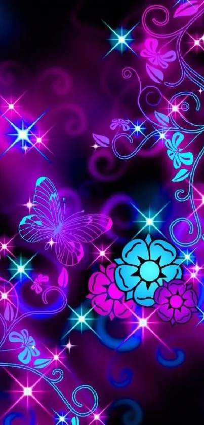 Neon floral wallpaper with butterflies and glowing accents.