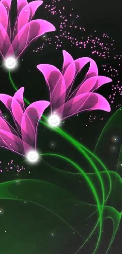 Vibrant pink neon flowers with green leaves on dark background.