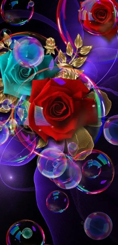 Colorful roses with glowing bubbles on black background wallpaper.