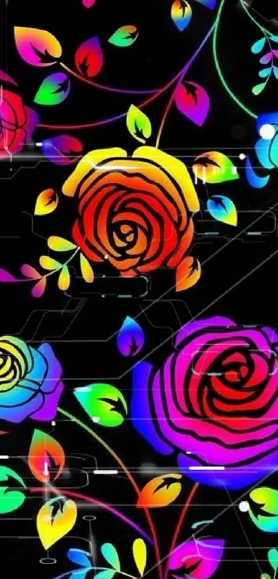 Colorful neon roses on a black background.