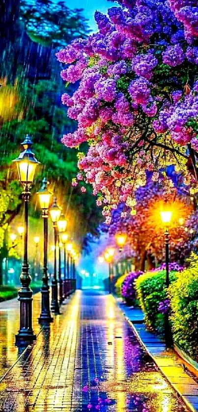 Colorful night street with purple flowers and warm lights.