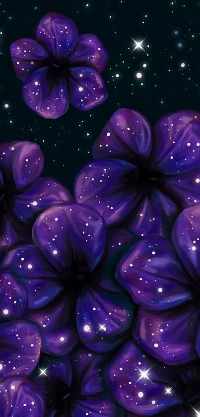 Purple flowers against a starlit night sky, creating an elegant wallpaper.