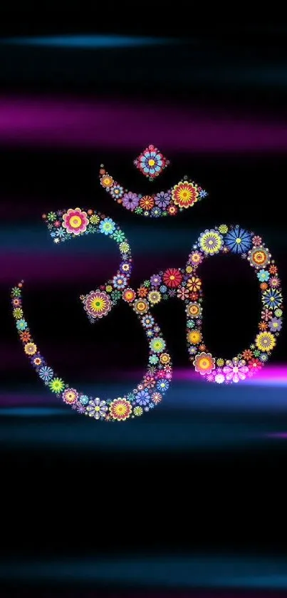 Colorful floral Om symbol on black background wallpaper.