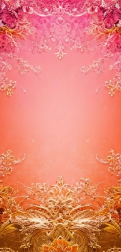 Vibrant pink and orange floral ornate wallpaper design.