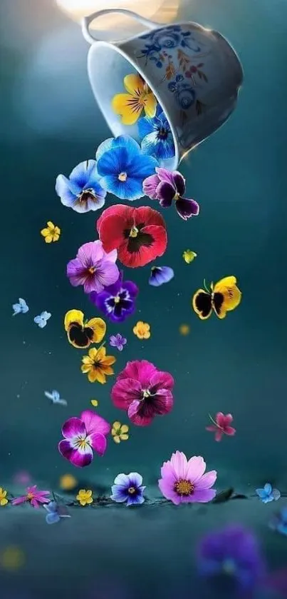 Cup pouring colorful flowers on teal background.