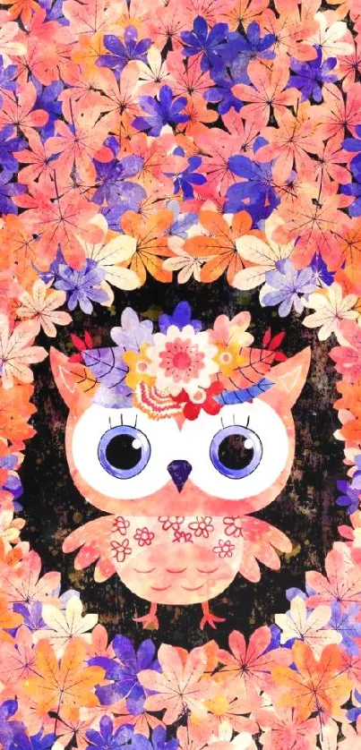 Colorful floral owl with decorative leaves wallpaper.