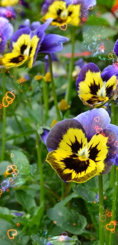 Vibrant garden of colorful pansies with lush greenery.