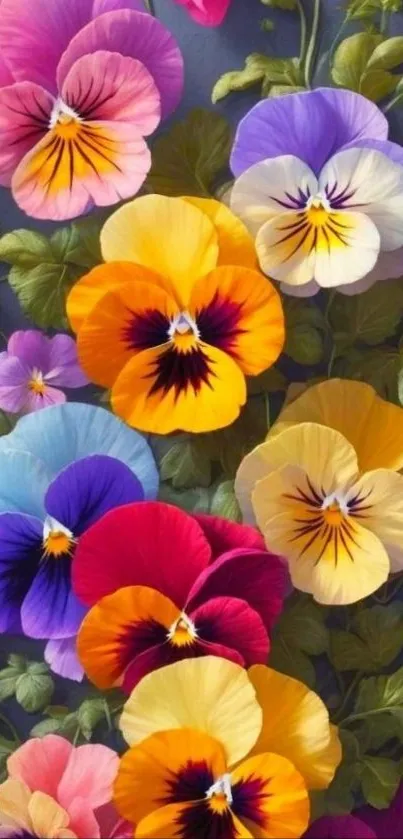 Vibrant pansy flowers wallpaper with colorful blooms.