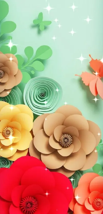 Colorful paper art wallpaper with flowers and butterflies.