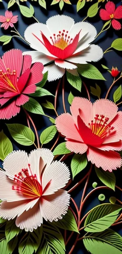 Intricate colorful floral paper art on dark background.