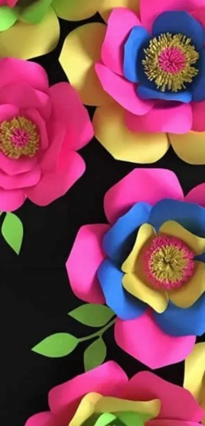 Vibrant paper flower art wallpaper with pink, blue, and yellow hues.