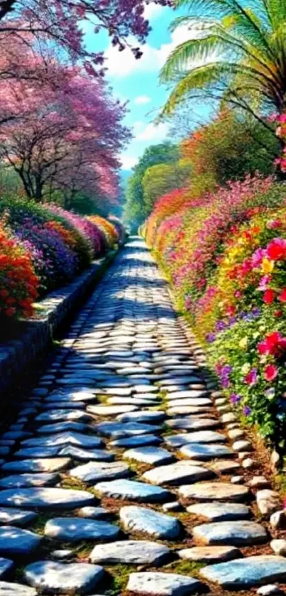 Vibrant floral path with colorful blooms and stone walkway.