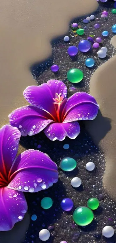 Vibrant wallpaper with purple flowers and colorful pebbles.