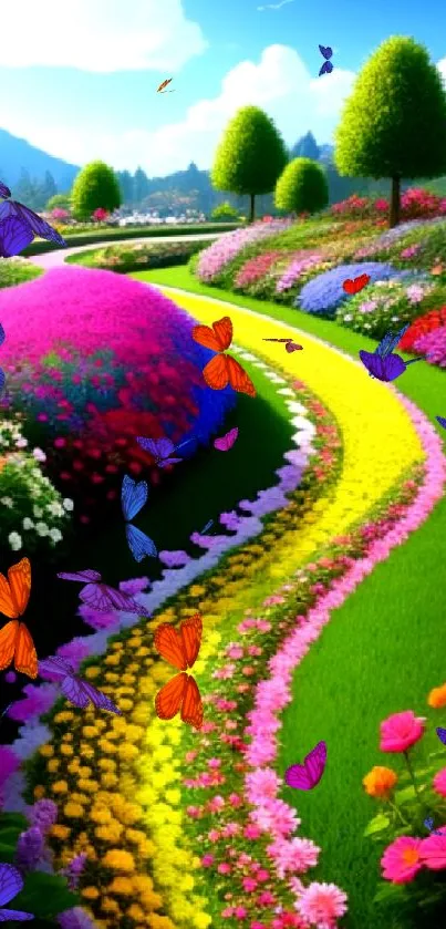 Vibrant path through a colorful flower garden under a blue sky.