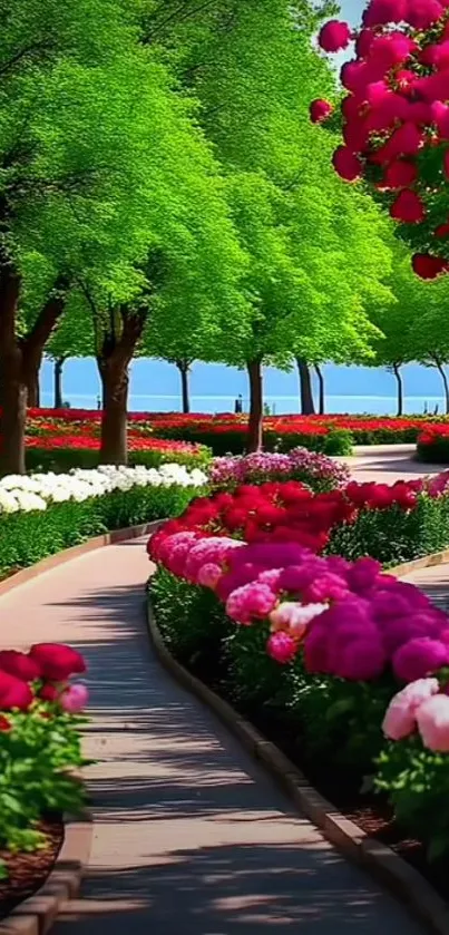 Lush green pathway surrounded by vibrant flowers.