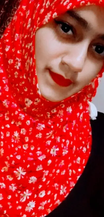 Vibrant red floral hijab mobile wallpaper.