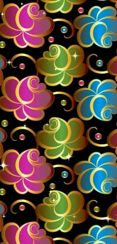 Vibrant abstract floral design on black background.