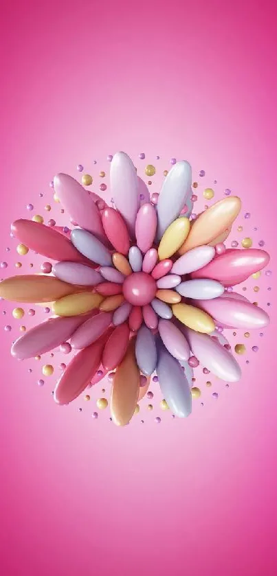 Vibrant floral pattern with colorful petals on a pink background.