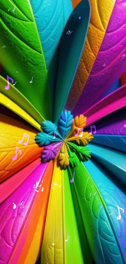 Vibrant rainbow-colored floral leaf pattern wallpaper with musical notes.