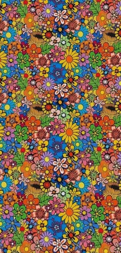 Colorful and vibrant floral pattern wallpaper with various flowers.