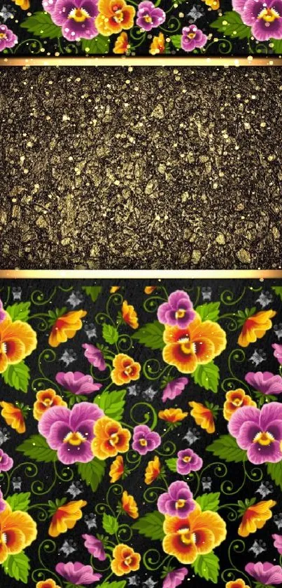 Vibrant floral wallpaper with gold texture and colorful flowers.