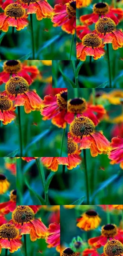 Vibrant red and orange floral pattern with green leaves wallpaper.