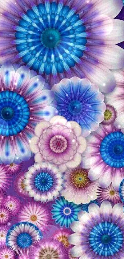 Vibrant blue and purple flower patterned wallpaper.