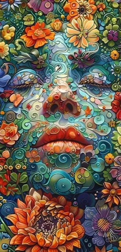 Artistic floral face with vibrant colors and intricate flower patterns.