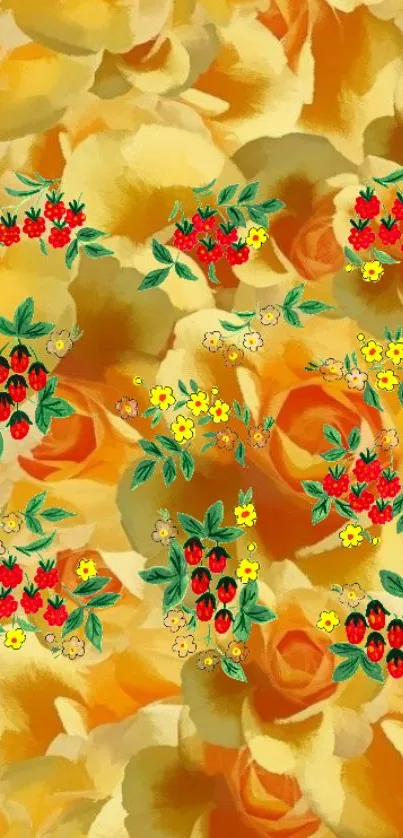 Vibrant wallpaper with yellow roses and colorful floral patterns.