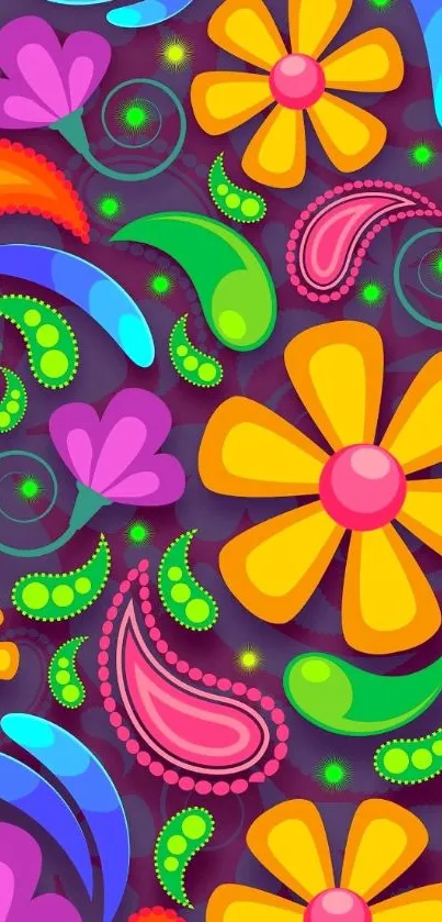 Vibrant floral and paisley pattern mobile wallpaper with bright colors.