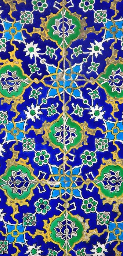 Intricate vibrant floral pattern in blue, green, and yellow on a phone wallpaper.