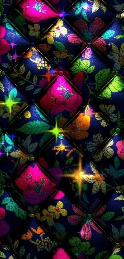 Vibrant floral quilted wallpaper with multicolor flowers.